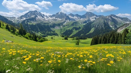 Obraz premium Vibrant mountain range adorned with colorful wildflowers under a bright blue sky in a scenic natural setting 