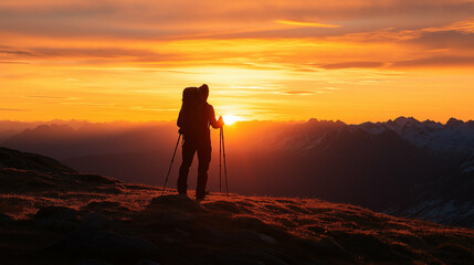 Hiker silhouetted against a stunning sunrise, glowing horizon blending warm and cool tones, peaceful mountain landscape