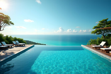 Fototapeta premium Serene Escape, A Luxurious Infinity Pool Overlooking the Tranquil Ocean with Loungers, Lush Greenery, and Bright Blue Sky Creates an Inviting Tropical Paradise