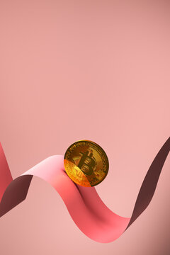 Bitcoin cryptocurrency coin on colorful ribbon