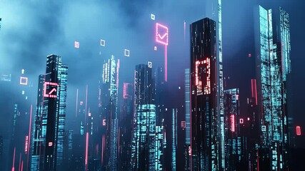 Futuristic city skyline with digital integration and virtual checkmarks animation concept - Powered by Adobe