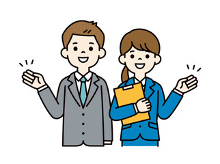 手を添えて説明する、若い男女の会社員のベクターイラスト素材＿＿線の編集可能＿カラー