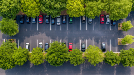 Cars parked in organized lines under lush trees in a busy parking lot during daylight hours