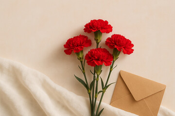 Red carnations with kraft envelope on soft background – 柔らかな背景に赤いカーネーションとクラフト封筒