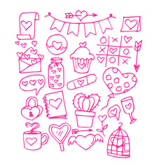 Doodle love set hand drawn. Valentines day for wedding isolated on white background