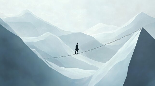Fototapeta Person crossing a rope bridge between mountains