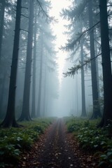 Fototapeta premium Soft Focus on a Cloudy Forest Scene with Misty Fog, misty fog, trees, forest floor