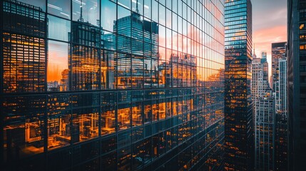 Fototapeta premium NYC Skyscrapers Reflecting Sunset Cityscape