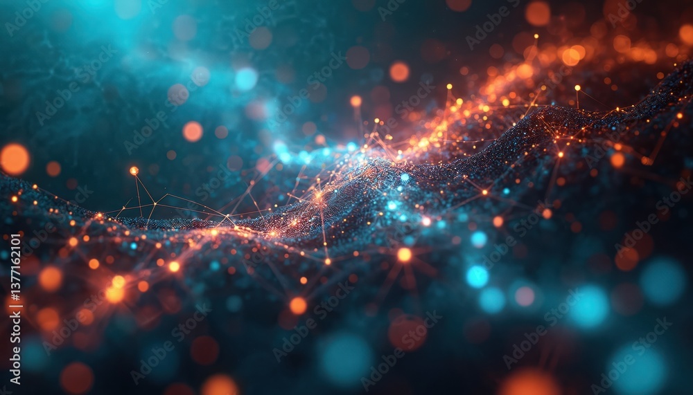 Aufkleber Abstract illustration of quantum entanglement with floating qubits. Connected by glowing lines in cyberspace. Futuristic tech background, ideal for data transfer, network connection visualization.