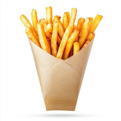 Highly detailed image of french fries in a paper container floating against a clean white background for culinary visuals