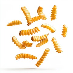 Naklejka premium A bountiful collection of crinkle cut fries arranged artistically on a white background for a gourmet presentation