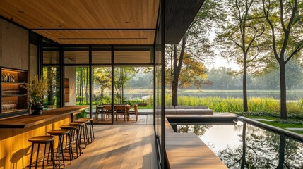 Modern home bar with patio view of lake
