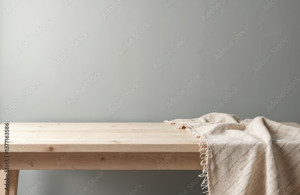 Poster empty wooden table with tablecloth against gray background. kitchen mock up for design product displ