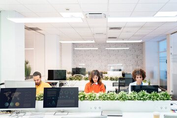 Businesspeople working in a modern office with computers