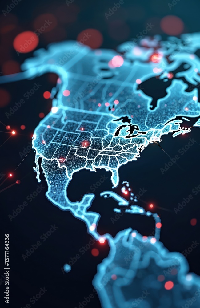 Poster abstract digital map usa. illuminated north america continent with data nodes, showing cyberspace, t