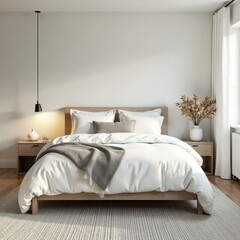 Softly lit Scandinavian bedroom featuring a large king-size bed with crisp white linens and decorative pillows, home, king size bed, cozy
