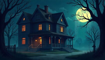 Eerie Haunted House at Night with Full Moon and Bare Trees