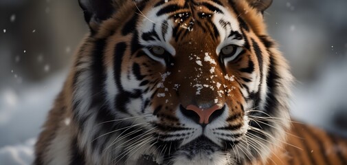 Naklejka premium Striking tiger portrait in winter wonderland: A majestic feline with snow-dusted fur gazes intensely against a soft, snowy backdrop.