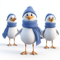 Fototapeta premium Three cartoon seagulls wearing blue scarves and beanies stand together, showcasing playful and cheerful vibe. Their friendly expressions and cozy attire create whimsical winter scene