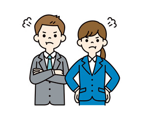怖い顔で怒る、若い男女の会社員のベクターイラスト素材＿＿線の編集可能＿カラー