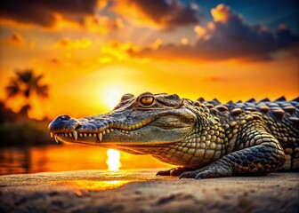 Obraz premium Close-Up of a Resting Crocodile at Sunset - Miniature Tilt-Shift Photography