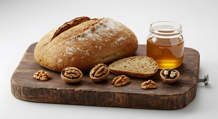 Naturally leavened bread, wooden board, honey, nuts, white background,