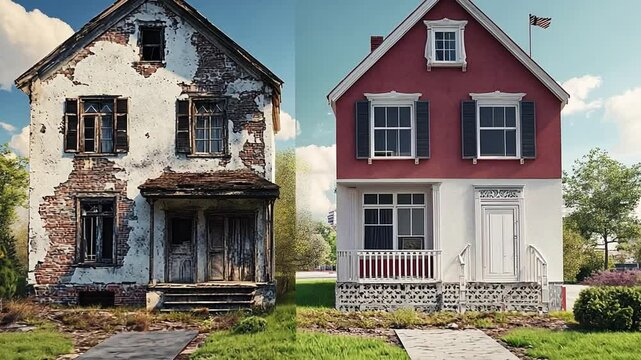 From Decay to Dream Home: A striking split image showcasing the transformation of a dilapidated house into a beautifully renovated home, symbolizing growth and renewal