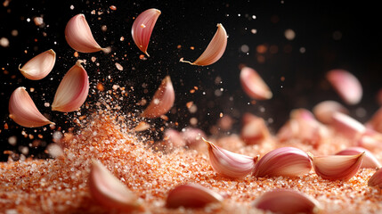 Flying garlics in mid-air against a dark background, falling with dynamic motion, symbolizing action and freshness, complemented by salt texture accents, perfect for modern advertising design