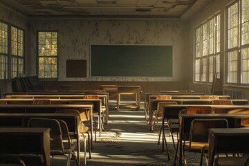 Sunlit, abandoned classroom.  Empty desks and chairs fill the room,  illuminated by sunlight streaming through windows.  Faint aged wallpaper and a chalkboard complete the scene