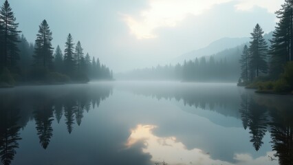Fototapeta premium Misty mountain lake surrounded by forest in a calm and silent solitude landscape 
