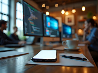 Sleek modern smartphone with blank screen on desk amidst a busy office, showcasing technology and communication in a contemporary workplace environment