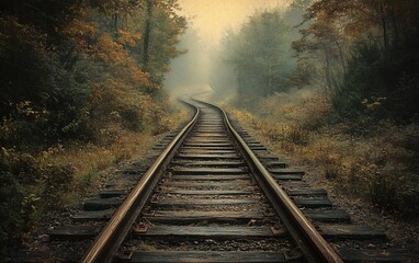 Obraz premium Railway vanishing through the autumn forest in a hazy, atmospheric landscape