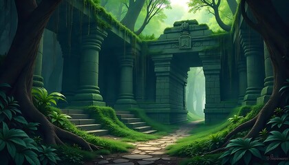 Ancient Stone Temple Ruins Covered in Moss and Vegetation in Forest