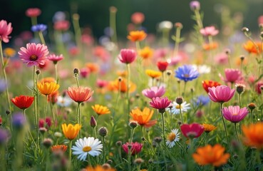 Fototapeta premium Vibrant wildflower meadow showcases mix colors and sizes of blooms. Natural sunny light, soft focus. Wildflowers in full blossom, meadow flowers, green grass. Ideal for nature related projects.