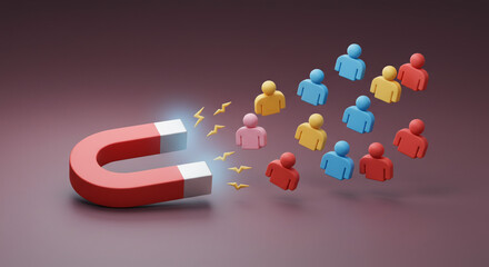 A powerful magnet effortlessly attracting a diverse group of colorful individuals, symbolizing the strong pull of a captivating opportunity, rendered in a clean 3D style.