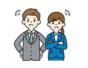 怖い顔で叱る、若い男女の会社員のベクターイラスト素材＿＿線の編集可能＿カラー
