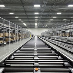 Fototapeta premium Futuristic interior of a spacious warehouse featuring an extensive array of neatly organized shelving units