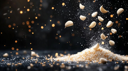 Flying garlics in mid-air against a dark background, falling with dynamic motion, symbolizing action and freshness, complemented by salt texture accents, perfect for modern advertising design
