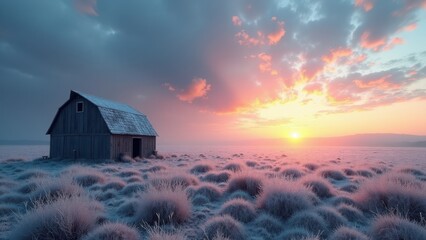 Frost covered barn in rural field at sunrise with glowing sky and winter vegetation	
