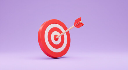 A red arrow hitting the bullseye of a vibrant target symbolizing achievement and success on a soft lavender background.