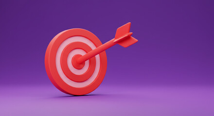 A vibrant red arrow striking the bullseye, symbolizing achievement and success against a rich purple background.