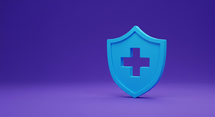 A protective blue shield emblem bearing a medical cross symbolizing healthcare security and safety against a vibrant purple backdrop.