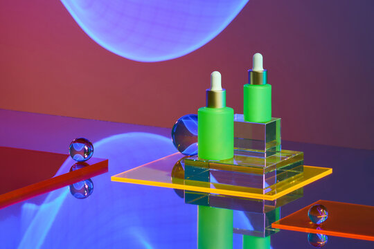 Modern Skincare Bottles with Futuristic Light Effects