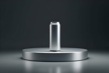 Sleek Silver Soda Can on Polished Podium a Modern Minimalist Product Display for Drink Advertisement and Beverage Presentation, a Glossy Design