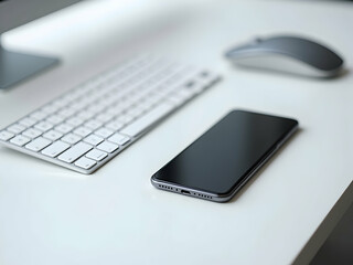 Sleek Smartphone Displayed on Pristine White Desk with Minimalist Keyboard and Mouse Showcasing Modern Technology and Connectivity in a Clean Workspace