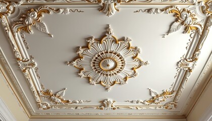 Obraz premium Elegant 3D wallpaper ceiling with white, golden mandala decoration model set against decorative frame backdrop. Luxury ornate ceiling design for interior. Opulent stylish artistic high-end interior