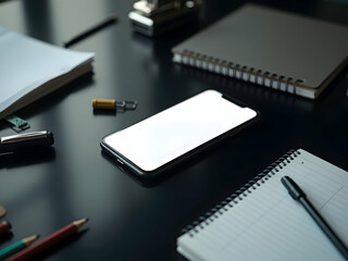 Sleek smartphone with a blank screen surrounded by stationery on a reflective surface, ideal for showcasing app designs or creating minimalist workspace compositions