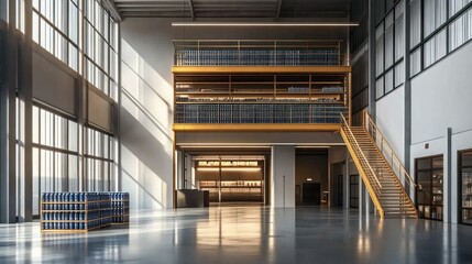 Modern industrial warehouse interior with mezzanine and sunlight