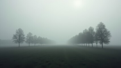 Row of bare trees in empty field under heavy fog and overcast sky	