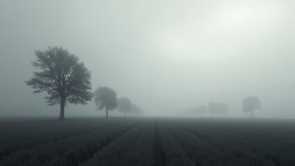 Row of bare trees in empty field under heavy fog and overcast sky	
